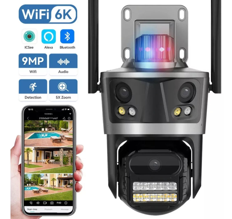 Câmera Ip Tripla Ação 360 Wi-fi Panorâmica Police Ip66 Icsse